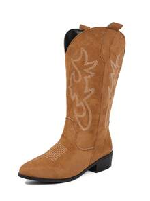 仿麂皮尖头厚底刺绣西部靴，马靴，时尚靴，中筒靴，靴子，适合度假、西部主题活动、音乐节 - 棕色 - 查看 7