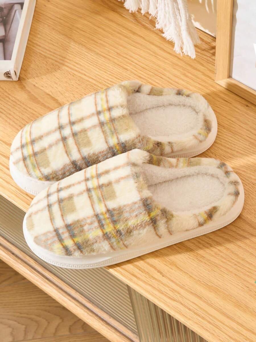 Green Plaid Retro Warm Slippers, Women's Indoor Slippers, Simple Classic Couples Shoes, Warm Anti-Slip Durable