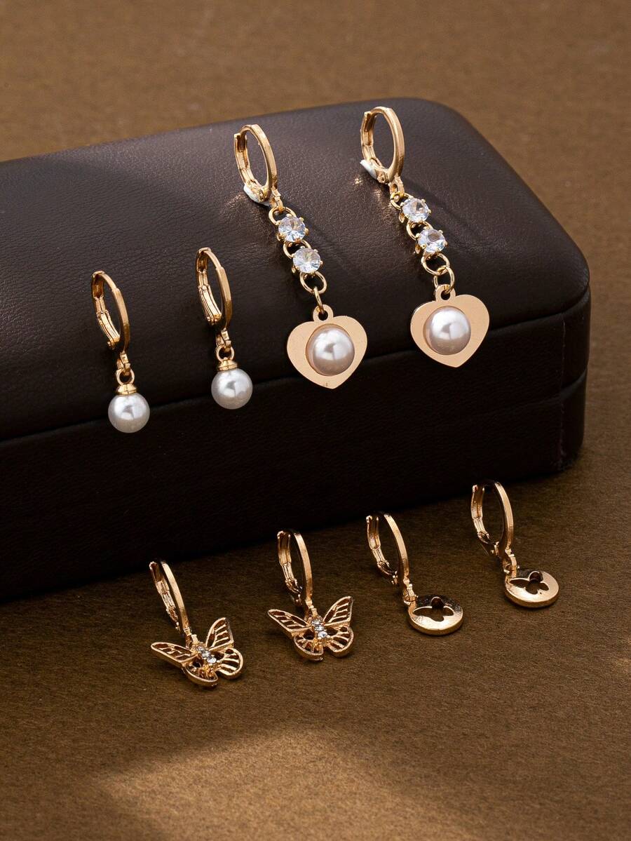 4对简约蝴蝶仿珍珠吊坠耳环套装，百搭日常佩戴，适合女性 - 耳環套裝 - 查看 1