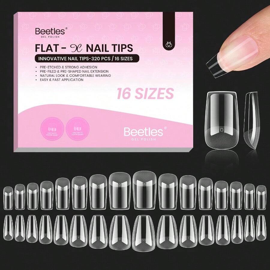 Beetles Gel Nail Tips FlatX Square Coffin Short 320pcs 16 Sizes PreEtched Half Matte Full Cover Soft Acrylic False Nail Tips Easy DIY Pr On Nail Extension Salon For Flat And Natural Nail Beds - 25短方形棺材320個扁平X指甲尖 - 查看 1