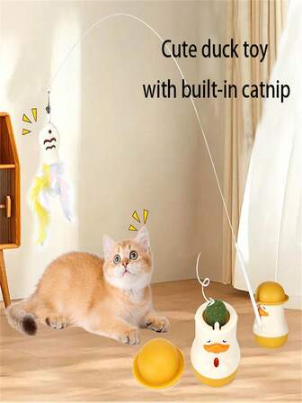 4件装-多功能可爱鸭子逗猫棒长杆羽毛旋转猫玩具自娱自乐安抚猫薄荷玩具宠物用品猫薄荷球咬安抚