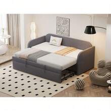 Pull-Out Sofa Bed 90-180x190cm: Multifunctional Upholstered Bed With Vertical Striped Design And Slatted Frame, Grey Linen Fabric (Mattress Not Included) - Grey + Upholstered + 90cm*190cm-2 - View 6
