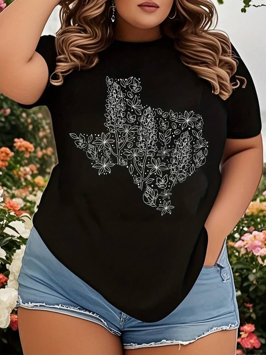 Texas State Floral Design Women's White T-Shirt For Casual Wear And Summer Outfits - 黑色 - 查看 1