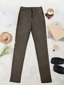 Apperloth A Pantalones ceñidos de cintura alta con botones, forro polar y piel sintética, estilo vintage para fiestas, uso diario y casual, ideal para el Día de Acción de Gracias - Marrón Mocha - Ver 6