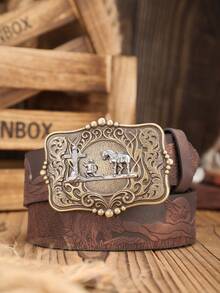 1 件男女通用波西米亚西部风格金属扣复古深棕色 PU 皮带，适合休闲和个性化搭配（含打孔器）