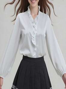 Womens Fall Shirts Lantern Long Sleeve Ruffle V Neck Solid Color Casual Office Blouses - Gading - View 4