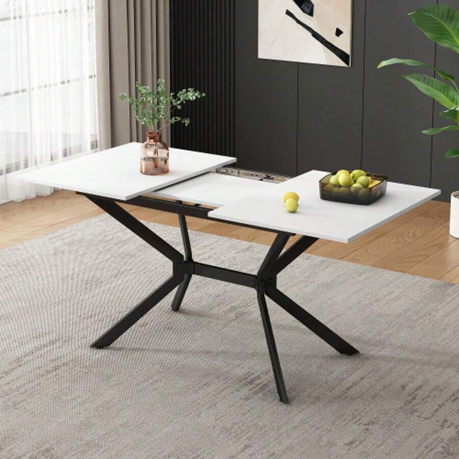 White Extendable Dining Table 120/160*80cm, Black Metal Legs, White Rectangular Dining Table, Suitable For Four To Six People - White - View 1