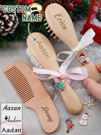 Personalisierte Baby-Geschenke, Benutzerdefinierter Name Baby Bürste und Kamm Set, Individualisierbare Holz Baby Bürste, Anpassbare Neugeborenen Geschenke, Baby-Geschenke für Mädchen, Weihnachten, Frohe Weihnachten, Baby-Andenken, Weihnachtsfeier, Name Luftpolsterkamm, mit Weihnachtsanhänger, Weihnachtsgeschenk, Dreiteiler Set, Jungen, Mädchen, Kinder
