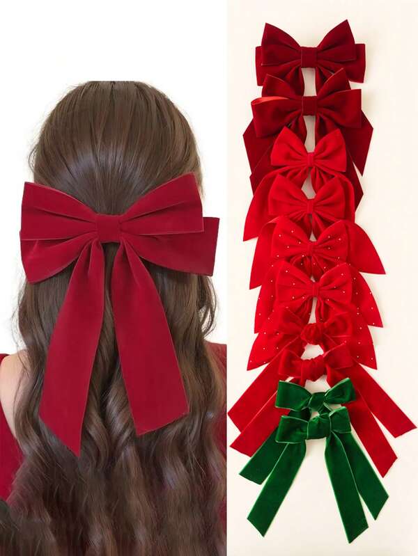 1pc/2pcs Women Red & Green Velvet Bow Ribbon Hair Clips, Fashionable Hairpin Barrette Accessories Suitable For Teenagers, Christmas, Thanksgiving, Casual Wear, Cute Accessories