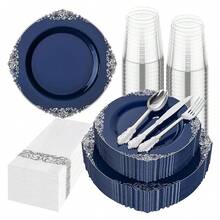 Blue & Silver Plastic Plates Disposable - 175pc Party Set For 25 Guests - As Picture/F - View 1