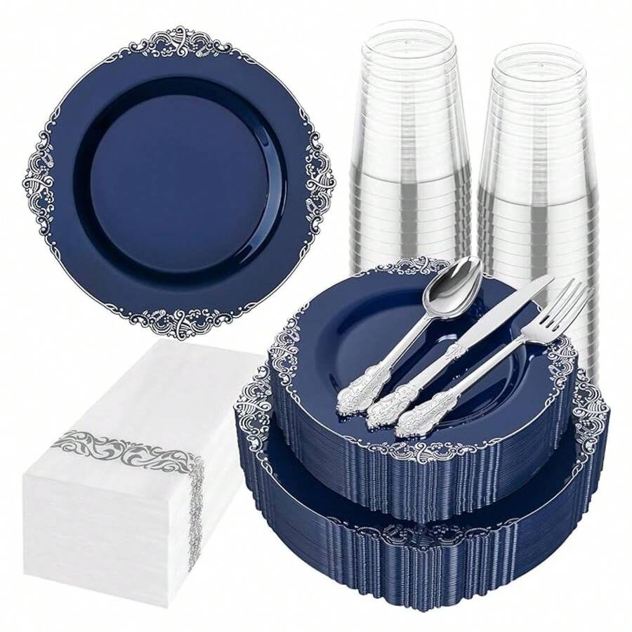 Blue & Silver Plastic Plates Disposable - 175pc Party Set For 25 Guests - As Picture/F - View 1