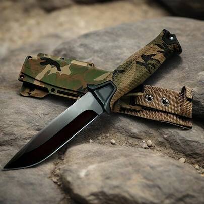 7.5" Fixed Blade Survival Knife With Compass And ABS Non-Slip Handle - Heavy Duty Outdoor Camping/Hiking Knife With Full Tang Sharp Blade, Safety Scabbard And Lanyard Hole, Ergonomic Handle For Survival, Hunting, Woodland Life - Lightweight And Durable Fixed Blade DE