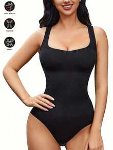 Solid Color Sleeveless Shaping Fitness Workout Jumpsuit - Black - View 1