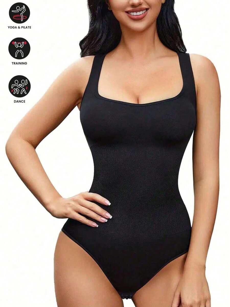 Solid Color Sleeveless Shaping Fitness Workout Jumpsuit - Black - View 1