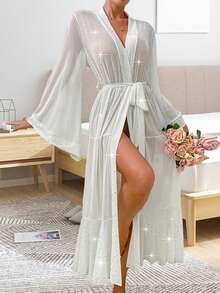 Women's Bathrobe Flare Long Sleeve Sequin See Through Nightgown With Ruffle Hem Belted Sleepwear, Romantic Shiny Rhinestone Star Sheer Mesh Maxi Robe - White - View 4