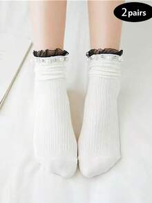 1 Pair Of Women's Lace-Edged Pearl Mid-Calf Socks, Fall Socks - Black - View 12