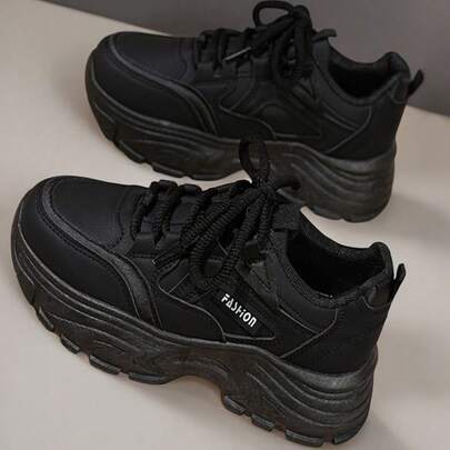 Flipark 1 双时尚运动厚底女式厚底运动鞋，前系带纯色拼接皮革轻便低帮休闲运动鞋