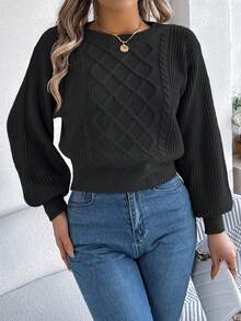 Lässiger Grundkabel-Strickpullover mit Langarm, Herbst/Winter - Schwarz - Übersicht 3