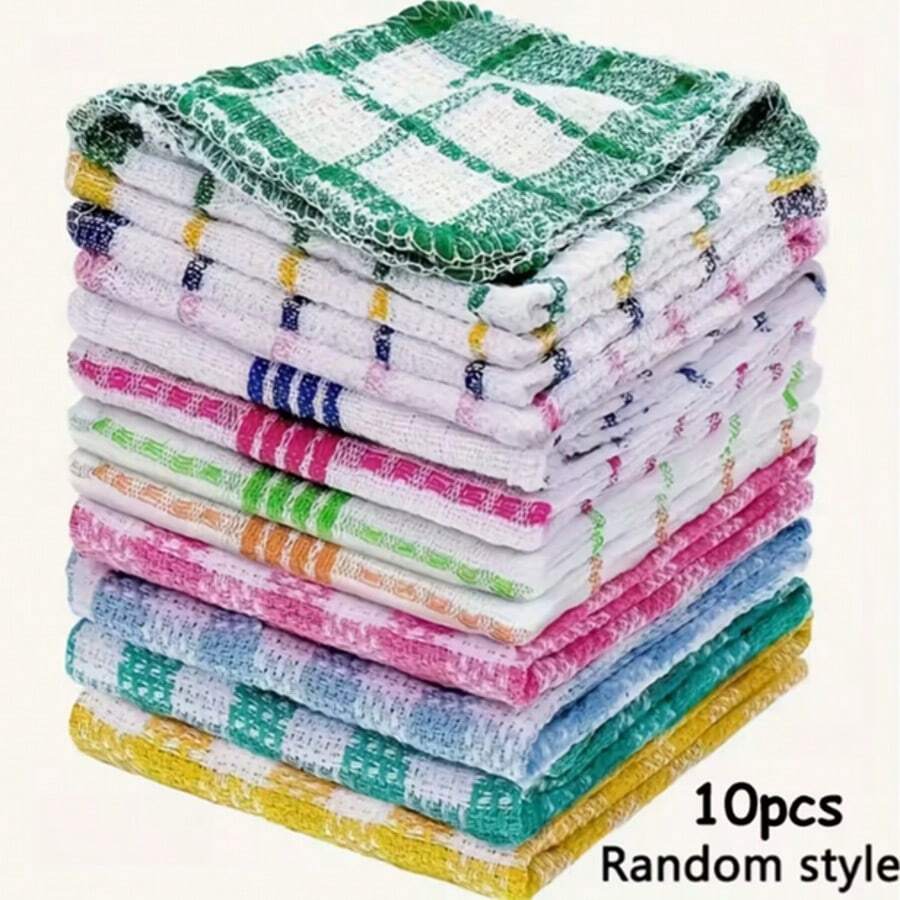 10/20pcs Of Double-Sided Dishwashing Cloths, Ideal For Kitchen Cleaning, Featuring A Non-Shedding Plaid Design, Effective As A Stain Remover Scouring Pad, Assorted Styles Available. - 10 Mixed Colors - View 1