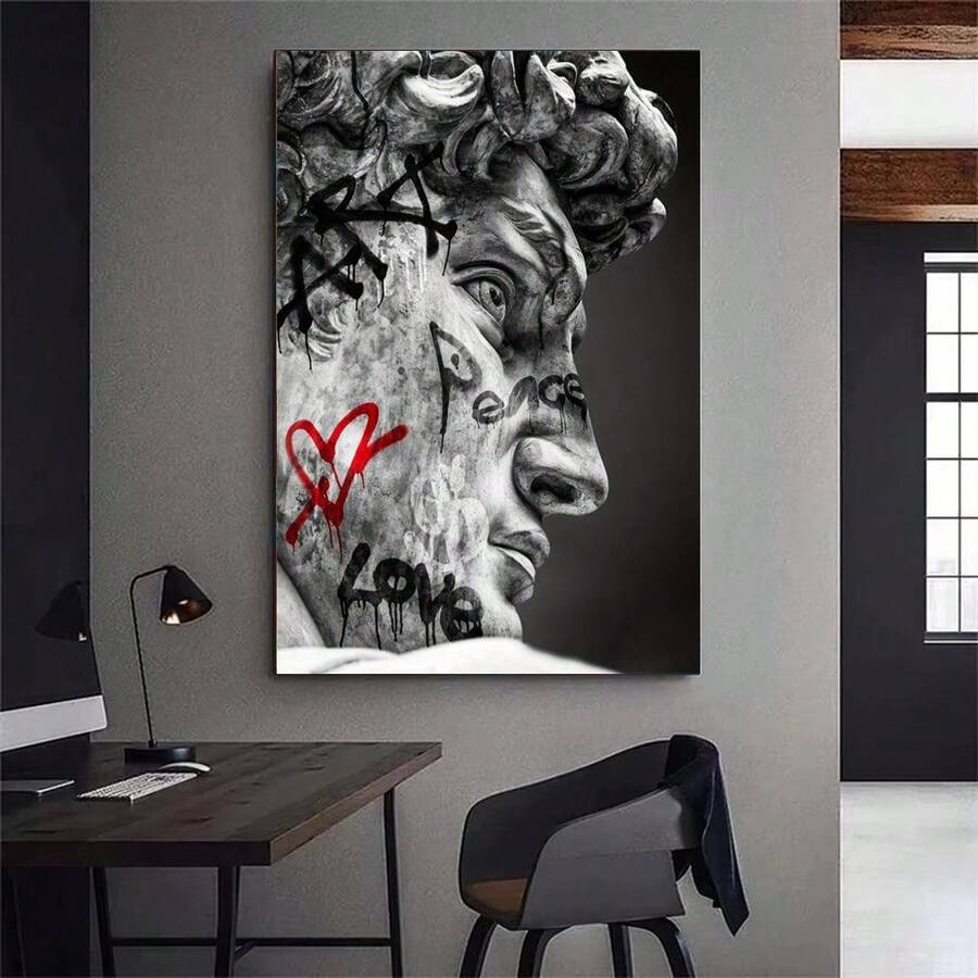 Imprimeu artistic pe pânză inspirat de graffiti-ul lui David de Michelangelo - Poster Art Deco modern fără ramă, în orientare verticală, pentru decor interior - Opera de artă pentru sufragerie, dormitor, birou de acasă - Decor de perete cu cerneală