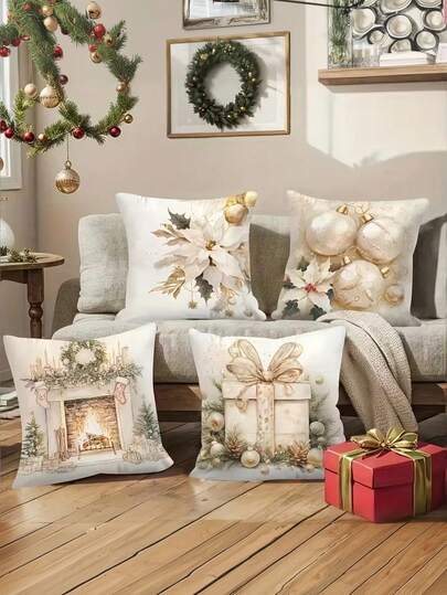 4pcs/Set Gold Christmas Decoration Pillowcase 17.72 X 17.72 Inches Christmas Decoration Indoor And Outdoor Party Supplies Farmhouse Home Decoration, Christmas Decoration Living Room Bedroom Sofa.(No Pillow Core)