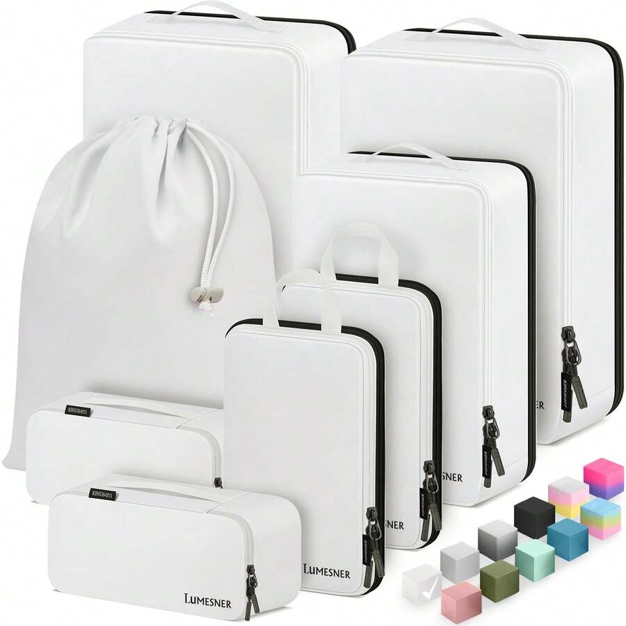 8 Set Compression Packing Cubes For Travel, Waterproof Luggage Organizers, Suitcase Organizer Set For Carry-On & Checked Baggage, Travel Accessories For Men & Women - White - View 1