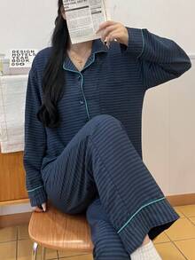 2 pezzi Set di pigiama donna con top a righe e pantaloni, comodo e alla moda per casa e tempo libero, adatto per primavera, autunno e inverno