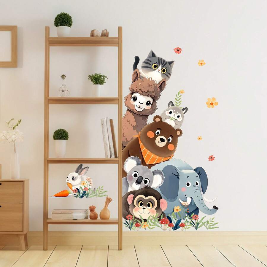 Miếng dán tường hình rừng hoạt hình, miếng dán có thể tháo rời cho phòng trẻ em, trang trí nhà trẻ, trường mẫu giáo, miếng dán cửa hình động vật hoạt hình dễ thương, voi, hươu cao cổ, miếng dán tường tự dính cho phòng em bé - Nhiều màu - Xem 1