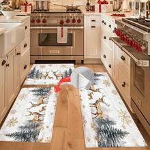 1 pièce Paillasson avec motif de renne de Noël, flocon de neige et sapin imprimé sur surface en fausse laine avec fond en TPR. Tapis de salle de bain, tapis de cuisine, tapis de buanderie, décoration de fête, décoration de maison, décoration de mariage, décoration de salle à manger