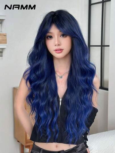 NAMM 28 英寸超长波浪海蓝色女士假发，蓬松波浪卷发假发，带窗帘刘海深色发根，合成纤维头发全机器头发深蓝色服装假发，用于服装角色扮演装饰音乐节舞会街头服饰使用 - 樱花庆典华丽派对街头服饰摄影 - 女孩礼物假发配件假发配件 - 初学者无胶假发配件