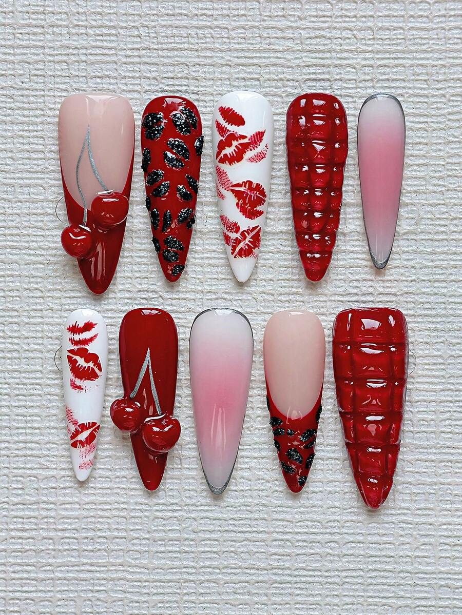 10pcs Elegant Almond-Shaped Long Lasting Nail Stickers - Red Ombre Pink Nails, Red & Black Lip Print French Manicure, Decorated With 3D Cherry And Crystal Silver Droplets - Enthusiasm Feast Nail Art Set, Reusable, Includes Nail Glue And Nail File - Goth Y2K Nail Supplies - 紅色 - 查看 1