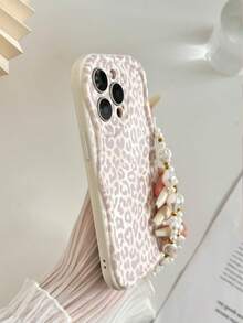 Cream Wavy Edged Glossy Leopard Print Painted Anti-Drop Phone Case With Handmade Beaded Bracelet Accessory - Multicolor - View 6