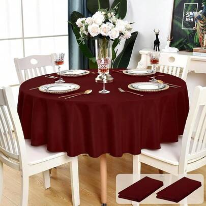 2 Pack Burgundy Round Tablecloth Waterproof Stain Resistant Wrinkle Free Table Cloth 210GSM Polyester Washable Wipeable Circle Table Cover For Party, Banquet, Wedding (60 Inch, 2 Pcs){"Color_name":"Burgundy","Size_name":"60inch"}