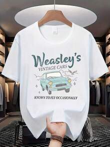 Warner Bros Harry Potter Vintage Car Cartoon Graphic Print Crew Neck Short Sleeve T-Shirt, Men's Casual Fashion T-Shirt, Slightly Stretchy, Opaque, Easy Care Fabric, Suitable For Daily Wear, Men's Short Sleeve T-Shirt, Suitable For All Seasons