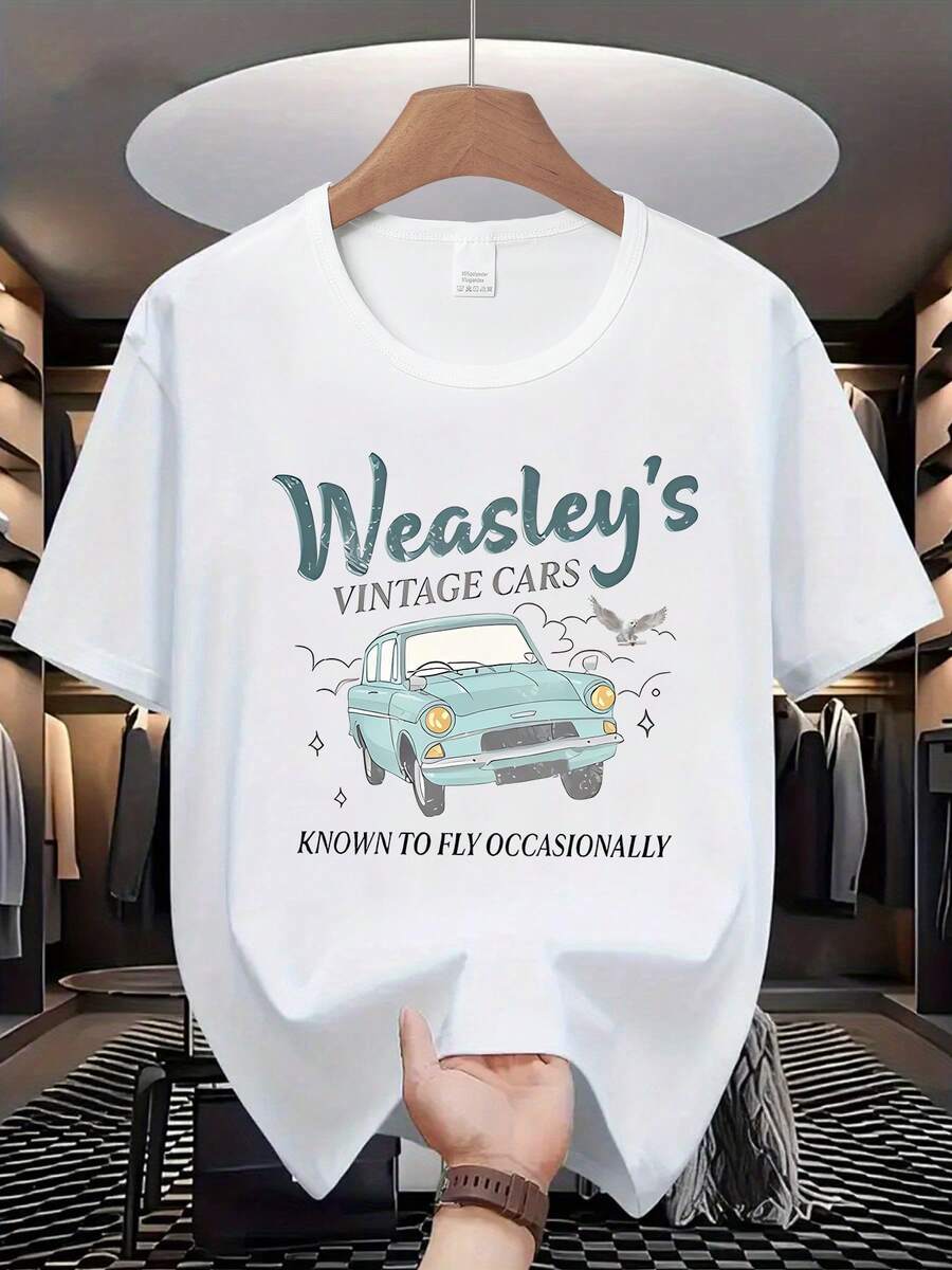Warner Bros Harry Potter Vintage Car Cartoon Graphic Print Crew Neck Short Sleeve T-Shirt, Men's Casual Fashion T-Shirt, Slightly Stretchy, Opaque, Easy Care Fabric, Suitable For Daily Wear, Men's Short Sleeve T-Shirt, Suitable For All Seasons