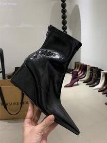 Giày bốt cổ ngắn mũi nhọn đế xuồng kiểu Pháp thời trang nữ, khóa kéo sau, thoải mái - màu đen - Xem 2