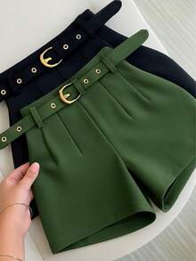 TAILORED SHORTS WITH LINED BELT FASHION BLOGGER - 獵人綠 - 查看 1