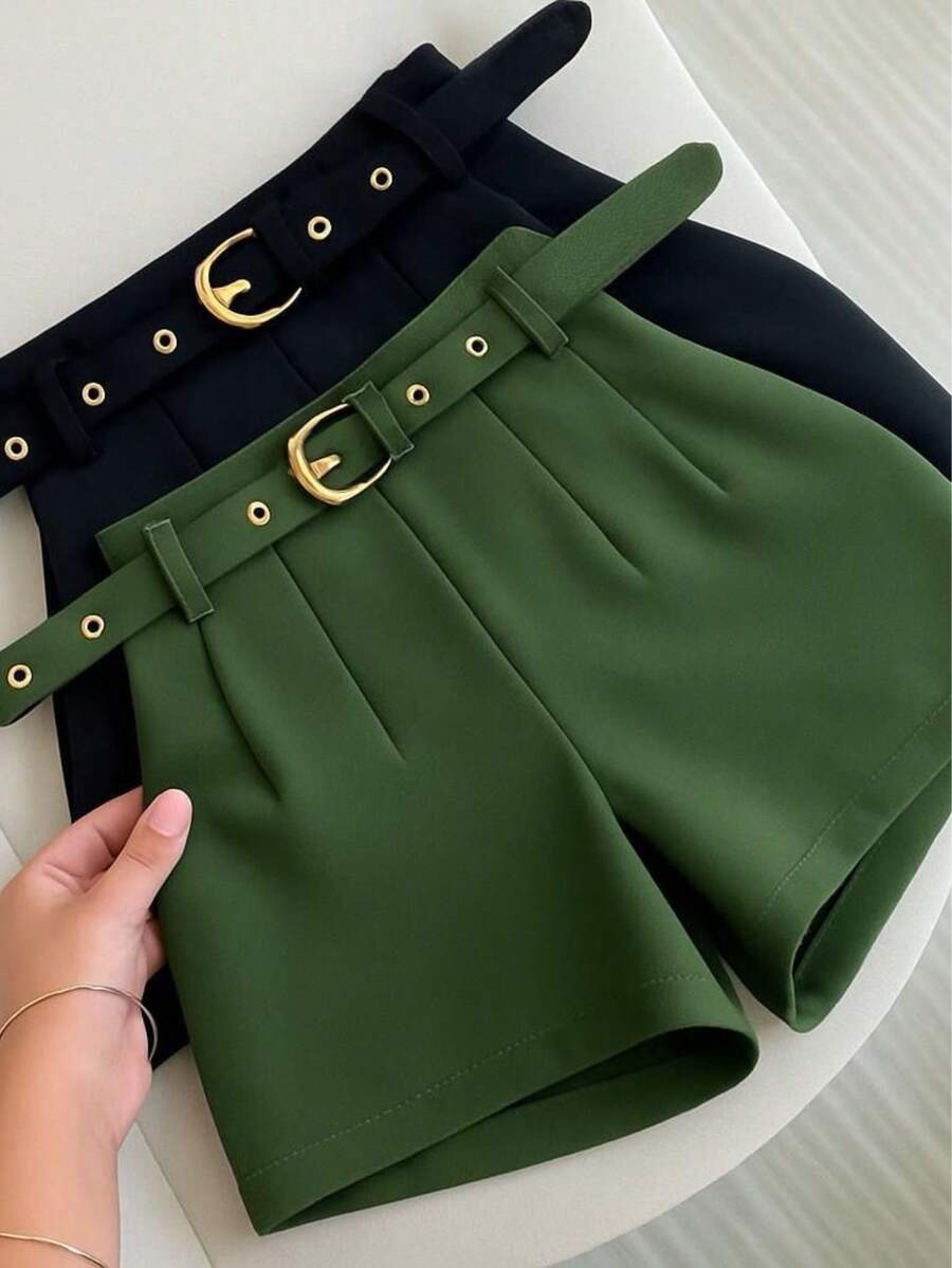 TAILORED SHORTS WITH LINED BELT FASHION BLOGGER - 獵人綠 - 查看 1