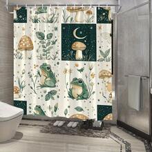 1 Piece Natural Style Shower Curtain - Cartoon Frog And Mushroom Night Sky Moon Pattern, Vintage Style Polyester Fabric With Green Plant Leaves On Cream Background, With 12 Hooks, Bathroom Decoration, Elegant Shower Curtain, Fantasy Bathroom, Vintage Showe - 彩色 - 查看 3