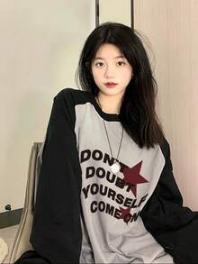 女士秋冬插肩撞色宽松休闲百搭字母星星印花长袖T恤 - 灰色 - 查看 3