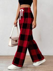 Womens Winter Plaid Pants Elastic Drawstring Waist Casual Loose Warm Wide Leg Trousers