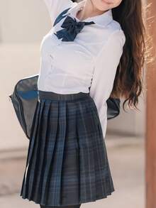 1pc Academic Style JK Uniform - White Fitted Long Sleeve Top And Charcoal Gray Plaid Skirt Set, Includes Plaid Tie