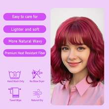ESSVIGANT Halloween Christmas Burgundy Wavy Wigs With Bangs Short Bob Wavy Wigs For Women Curly Synthetic Cosplay Red Wig For Girls Daily Use Colorful Wig 14 Inch - 紅色 - 查看 4