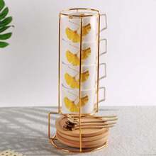 4pcs/Set Ceramic Coffee Cup Set With 4 Cups, 4 Saucers, 4 Spoons And Metal Holder, 250ml Capacity, Suitable For Coffee, Tea, Milk, Cappuccino, Iced Tea, Breakfast Cups, Mugs, Great Gift For Garden, Restaurant, Cafe, Home And Office, Family, Friends And Lovers, Ideal For Thanksgiving, Halloween, Christmas, Valentine's Day, New Year