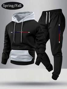 Men's Thin Paris Letter Print Contrast Color Hoodie And Pants Set, Fashion Casual Sportswear With Pockets And Drawstring Waist Trousers, Suitable As Gift For Husband Or Boyfriend, Spring/Autumn