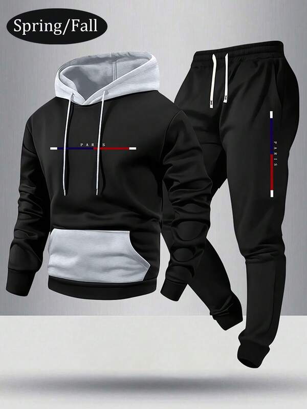 Conjunto de sudadera con capucha y pantalones con estampado de letras de París y contraste de colores para hombres, ropa deportiva casual de moda con bolsillos y cintura con cordón, adecuado como regalo para esposo o novio, primavera/otoño