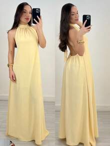 Women's Long Backless Simple Beach Dress None Fabric Backless / Backless Ruffled 019 Wedding Evening Beach Home Office Formal & Evening Travel Daily Birthday Party Summer - 黃色 - 查看 1