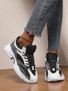 1双女士舒适软底网面透气低帮圆头休闲时尚百搭厚底运动鞋，适合所有季节 - 黑色 - 查看 5