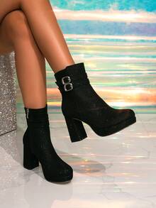 秋冬女士高跟厚底圆头中筒靴，修身法式踝靴，粗跟简约百搭时尚靴 - 黑色 - 查看 2