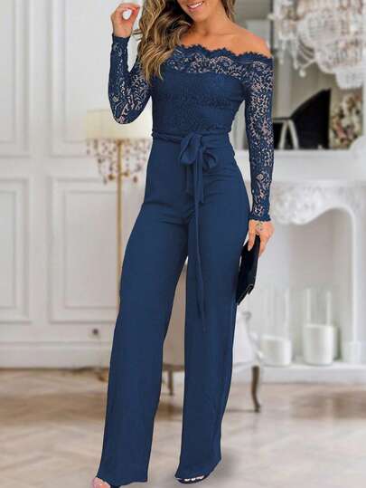 ChicMe Mono de una pieza elegante y casual para mujer con diseño de cintura con cordón, manga larga con hombros descubiertos, encaje contrastante y cierre de cremallera, unicolor, para citas y negocios